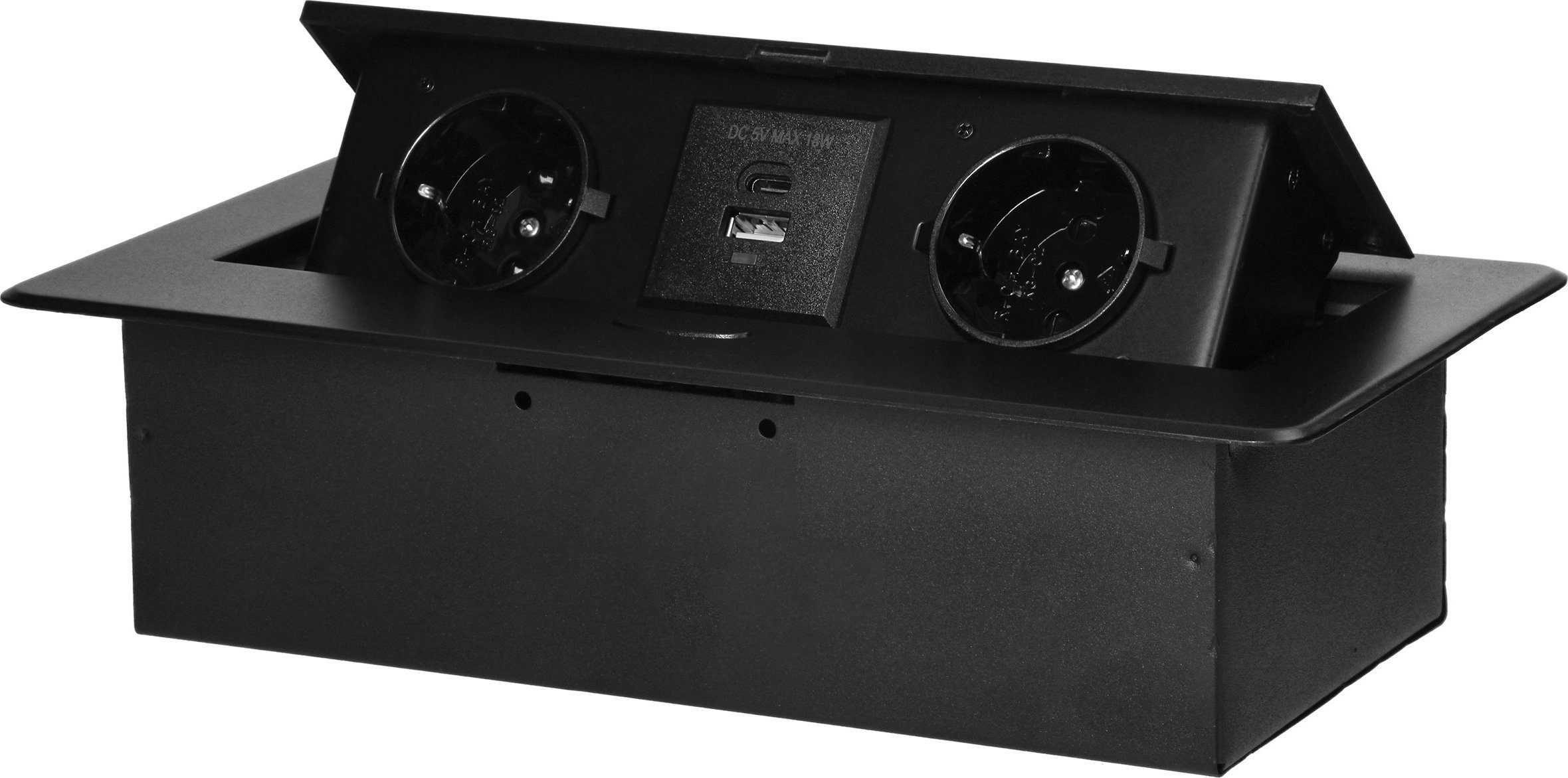 Orno Gniazdo meblowe wpuszczane w blat z płaskim frezowanym rantem i ładowarką USB, 2x2P+Z Schuko,2x USB typ A+C; 3,6A, czarne