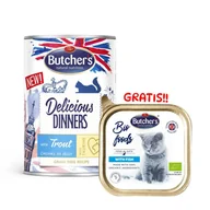Mokra karma dla kotów - BUTCHER'S Delicious Dinners z pstrągiem kawałki w galaretce 400g (kot) + Bio Food Cat z rybą 85g GRATIS!! - miniaturka - grafika 1