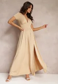 Sukienki - Beżowa Sukienka Maxi z Rozkloszowanym Dołem i Rozcięciem Zarya - miniaturka - grafika 1