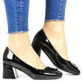 Czółenka - Czółenka Pólbuty Na Klocku Z Ozdobą Vinceza 58484 Czarne Lakierowane - VINCEZA - miniaturka - grafika 1