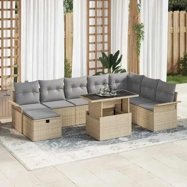 Zestaw Sofa Ogrodowa z Poli Rattanu, 9-Częściowy, Beżowy, z Poduszkami S