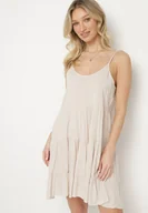 Sukienki - Jasnobeżowa Rozkloszowana Sukienka z Bawełny na Ramiączkach z Falbanami Lilivane - miniaturka - grafika 1