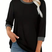 Bluzki damskie - TEMU Koszulka Damska z Krótkim Rękawem 3/4 - Elegancka Szara i Czarna Koszula w B Kolorów z Falbanką na Dołku, Okrągły Dekolt i Detalem Guzikowym, - miniaturka - grafika 1