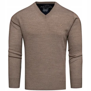 Sweter męski kołnierzyk v-neck w serek bawełniany brązowy L - Swetry męskie - miniaturka - grafika 1