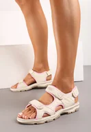 Sandały damskie - Beżowo-Różowe Sandały Zapinane na Rzepy z Wkładką ze Skóry Naturalnej Tesalise - miniaturka - grafika 1