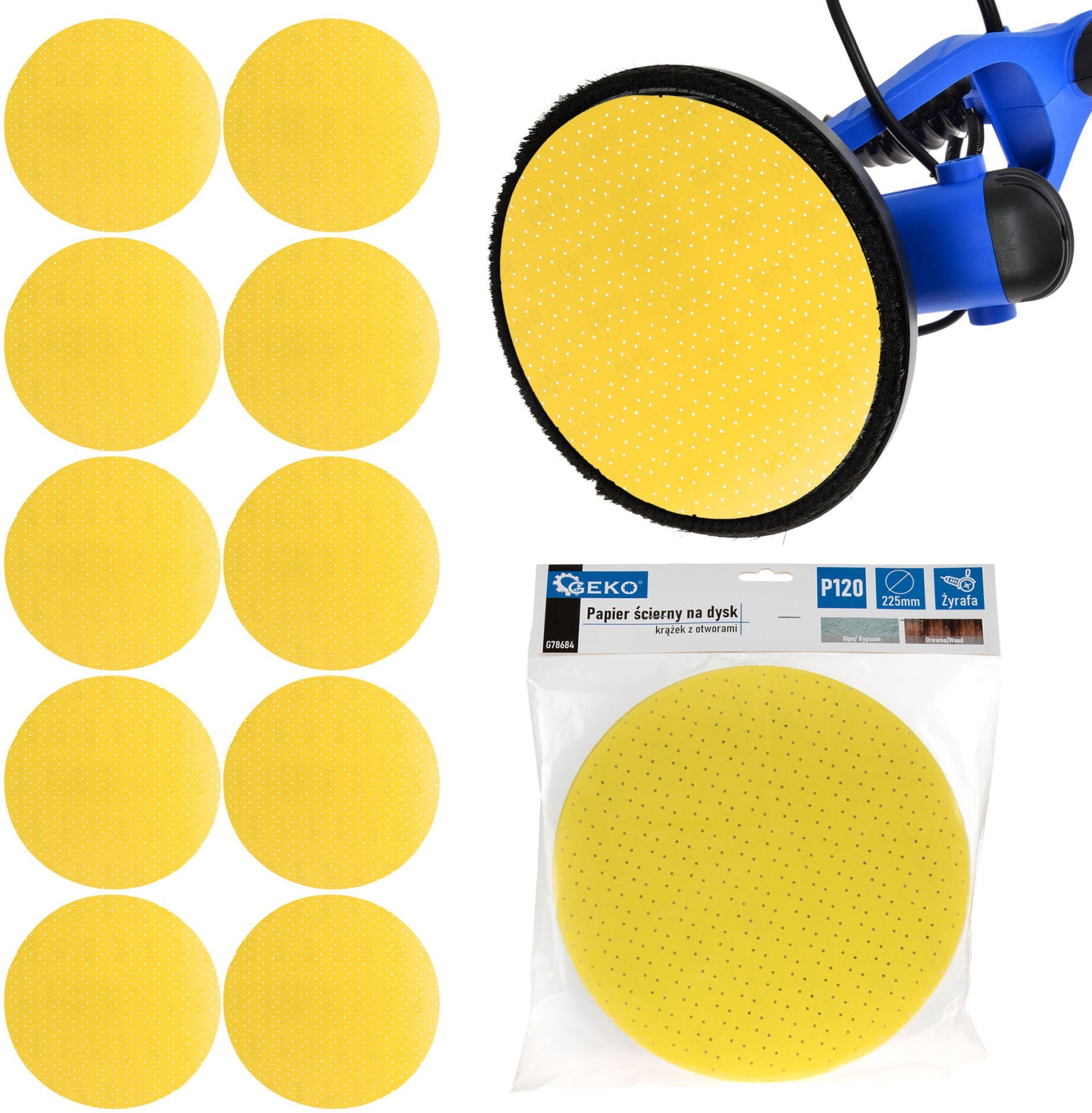 Geko Papier ścierny na dysk – krążek z otworami 225mm P120 /żyrafa/ 10/100/500