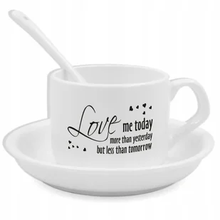 Biała Filiżanka Podstawka Łyżeczka LOVE ME TODAY MORE THAN YESTERDAY Wzory - Kubki termiczne Biała Filiżanka Podstawka Łyżeczka LOVE ME TODAY MORE THAN YESTERDAY Wzory - Kubki termiczne - miniaturka - grafika 1