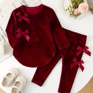 Dresy i komplety dla dziewczynek - TEMU Czerwony dla Dziewczynki z Aksamitu z Długim Rękawem i Kokardami 3D Styl Preppy, Okrągły Dekolt, Regularny Krój na Jesień/Zimę, na Zewnątrz - miniaturka - grafika 1