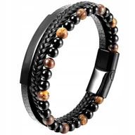 Bransolety męskie - BRANSOLETKA MĘSKA SKÓRZANA POTRÓJNA TYGRYSKIE OKO KORALIKI STAL SZLACHETNA - miniaturka - grafika 1
