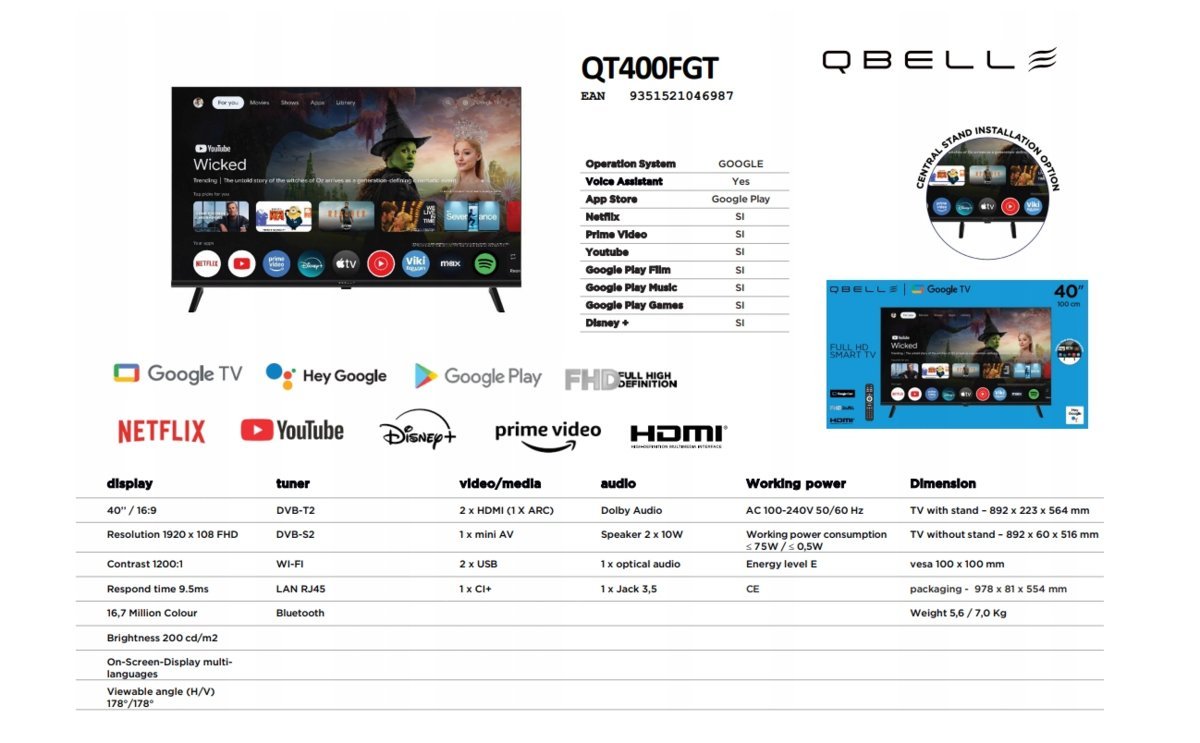 Q.Bell 40” Full HD Smart GoogleTV DVBT2+ DVBS2 HDMI ARC Wi-Fi + Bluetooth