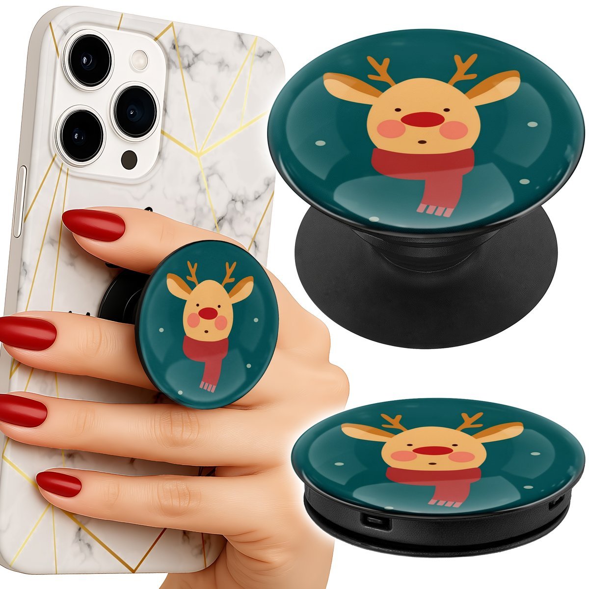 Uchwyt do telefonu Popsocket na palce/stojak RENIFER NA ZIELONYM TLE