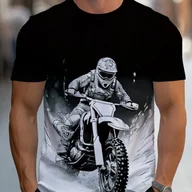 Koszulki męskie - TEMU Koszulka Męska Casual z Grafiką Motocyklową - Czarno-Biała, Krótki Rękaw, Regular Fit, Letnia Streetwear dla Miłośników Jazdy na Motorze , - miniaturka - grafika 1