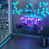 Biurka gamingowe - LZQ Stół do gier LED 140 cm x 60 cm, biurko dla graczy z haczykiem na słuchawki i powłoką węglową Ergonomiczny stół komputerowy z uchwytem na kubek, czarny - miniaturka - grafika 1