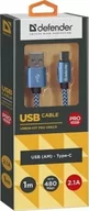 Huby USB - Defender Kabel USB AM-TYPE C Defender 1m 2,1A niebieski 87817 - miniaturka - grafika 1
