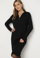 Sukienki - Czarna Sukienka z Bawełną i Wełną z Kołnierzykiem na Suwak Tereithra - miniaturka - grafika 1