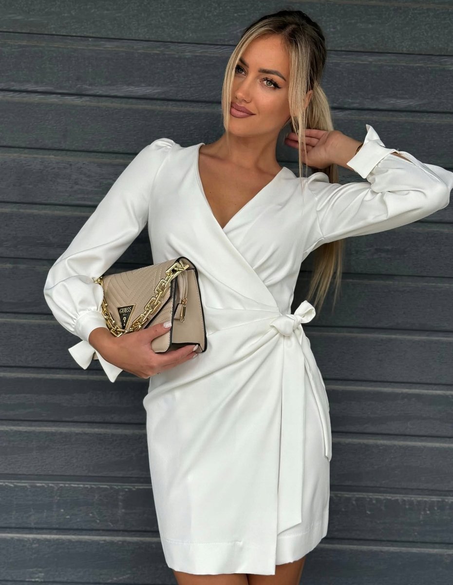 Sukienka Kopertowa Elegancka Wyszczuplająca Przewiązywana Biała L