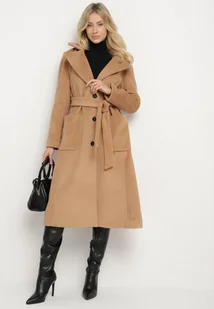 Brązowy Jednorzędowy Płaszcz o Długim Kroju Ozdobiony Paskiem Soleeti - Płaszcze damskie - miniaturka - grafika 1