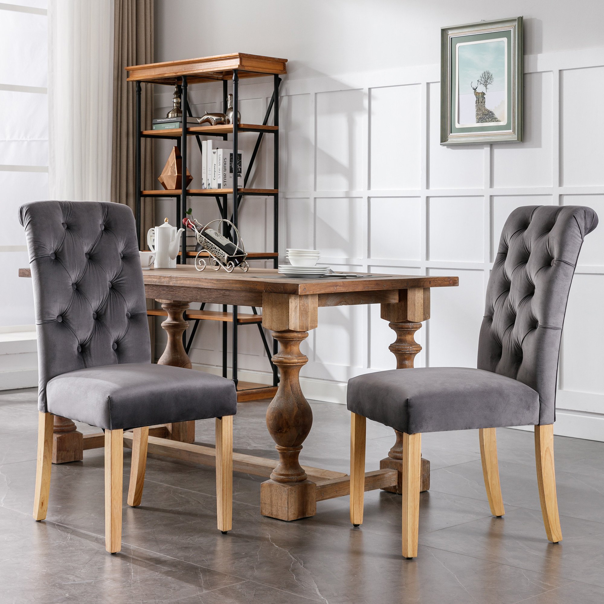 Krzesła do jadalni Flieks zestaw 2 sztuk, krzesło kuchenne z nogami z litego drewna, krzesło do salonu tapicerowane z oparciem, krzesło do jadalni, kuchnia, salon, szare