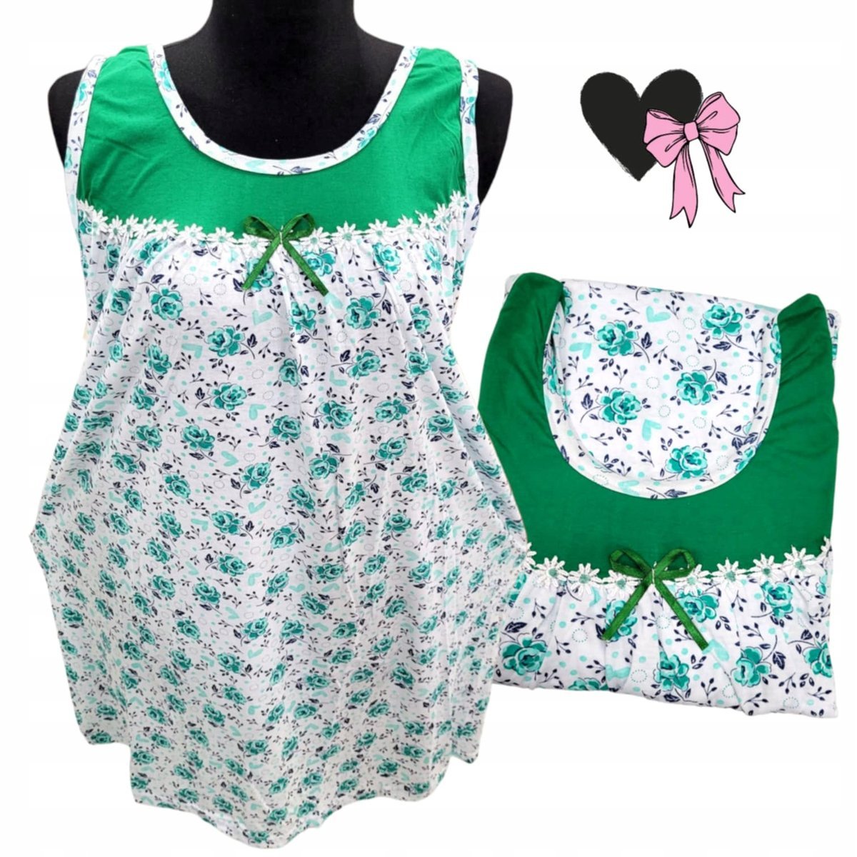 BAWEŁNA KOSZULA NOCNA na ramiączkach piękna róża prezent zieleń 54 56 7XL