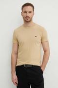Koszulki męskie - Lacoste t-shirt bawełniany kolor beżowy gładki - miniaturka - grafika 1