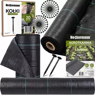 Zestaw Agrotkanina Heckermann 1,1x50m 90g/m2 Czarna + Kołki czarne 20 szt - Agrowłókniny - miniaturka - grafika 1