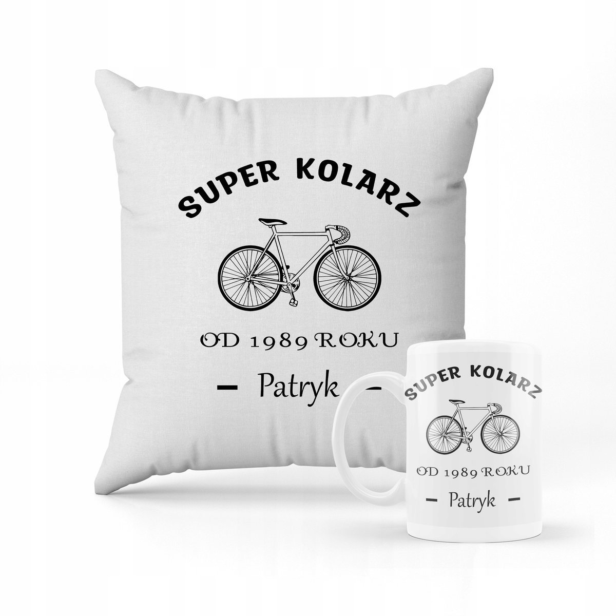 ZESTAW PODUSZKA + KUBEK Prezent Dla Kolarza Rowerzysty Rower + IMIĘ ROK