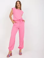 Komplety damskie - Komplet letni różowy casual bluzka i spodnie dekolt okrągły rękaw krótki nogawka ze ściągaczem długość długa - miniaturka - grafika 1
