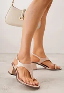 Klapki i japonki damskie - Beżowe Sandały w Stylu Japonek na Niskim Słupku z Aplikacją Fyreltarish - miniaturka - grafika 1
