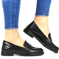 Mokasyny damskie - DAMSKIE SKÓRZANE MOKASYNY Z OZDOBĄ PÓŁBUTY WSUWANE NA PŁASKIEJ PODESZWIE 18100 CZARNE LICOWE - miniaturka - grafika 1