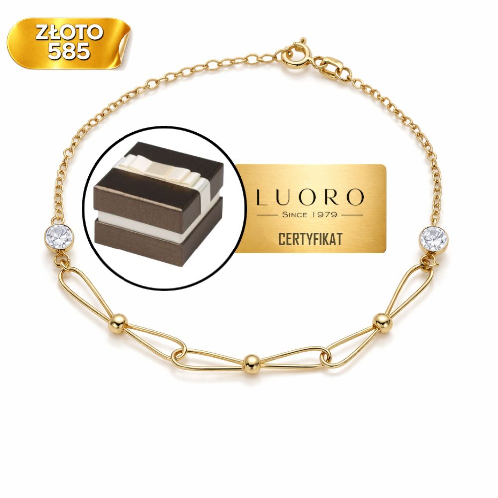 BRANSOLETKA ZŁOTA 585 14K KULKI POŁĄCZONE Z BIAŁYM KAMIENIEM 19,5 CM