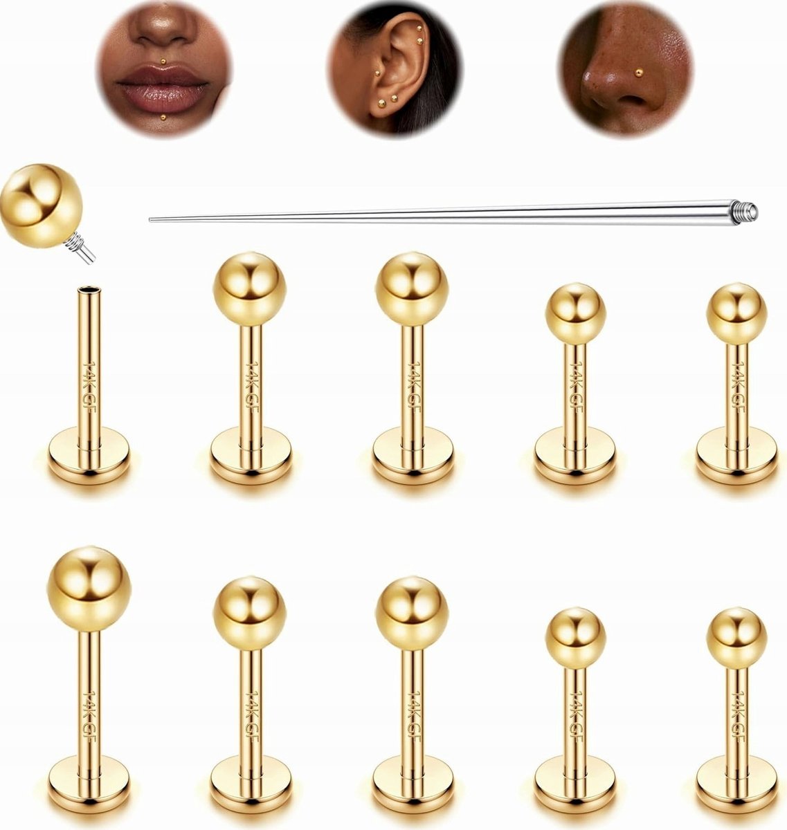 KOLCZYKI 10 SZTUK ZESTAW TYTANOWE ZŁOTE KULA CYRKONIA PIERCING