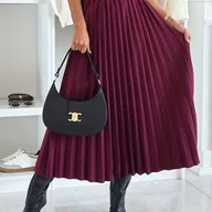 Spódnice - TEMU Elegancka Spódnica Midi w Kształcie Litery A z Paskiem - Burgundowa, Jednolita Kolorystyka, Plisowany Brzeg, Dopasowany Krój na Okazje Od - miniaturka - grafika 1