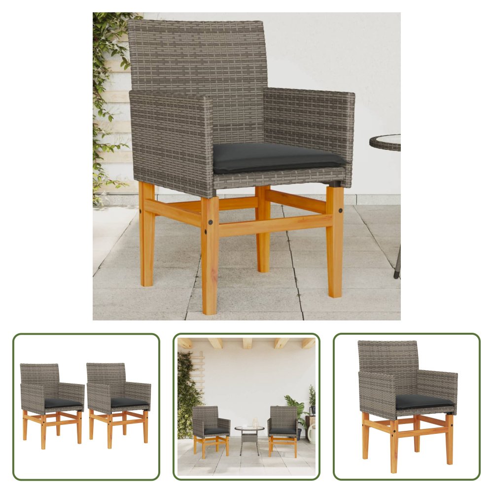 The Living Store Krzesła ogrodowe z poduszką 2 szt. Szary polirattan lite drewno