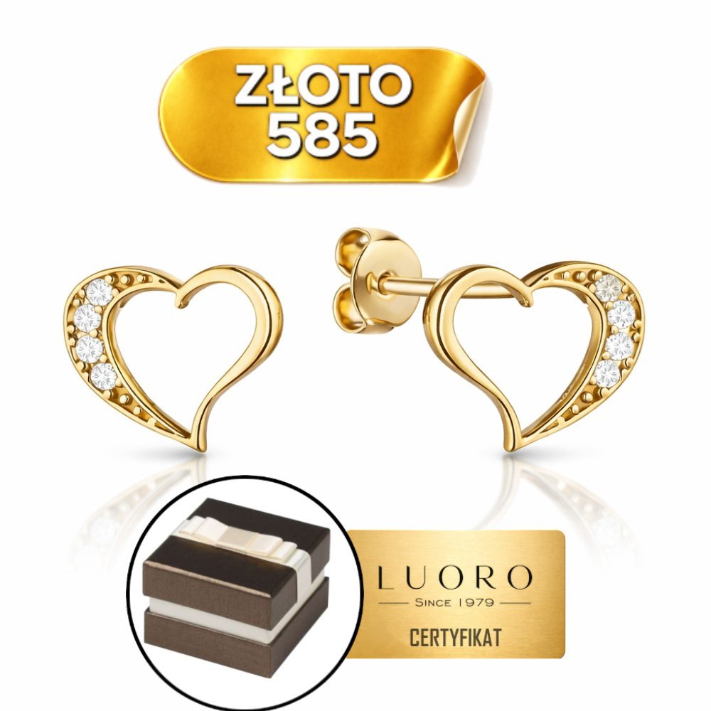 KOLCZYKI ZŁOTE 585 14K SERCA Z CYRKONIĄ SZTYFT 9 MM X 7 MM ELEGANCKIE