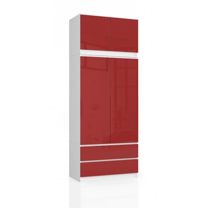 Szafa AKORD S90 z nadstawką Biała 90 cm - 2 drzwi, 2 szuflady, fronty kolor Czerwony Połysk, 6 półek - 90x51x234 cm