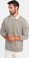 Bluzy męskie - Ombre Bluza męska z białym kołnierzykiem polo - ciemnobeżowa V2 OM-SSNZ-0132 L - miniaturka - grafika 1
