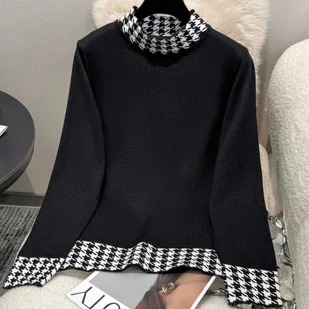 TEMU Sweter damski w kratę - półgolf z długim rękawem, elastyczny materiał średniej grubości, czarno-biały kontrastowy top na każdą porę roku, modna - Swetry damskie - miniaturka - grafika 1