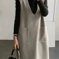 Sukienki - TEMU Damska Sukienka Bez Rękawów z Kieszenią na Przodzie - Elegancka, Jednokolorowa, z Paskiem, Poliestrowa Mieszanka, Możliwość Prania Ręcznego, - miniaturka - grafika 1