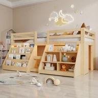 Łóżka dla dzieci i młodzieży - Łóżko dziecięce średniej wysokości 90 x 200 cm z półkami i barierką - Sosna + MDF + sklejka - Diody LED - Naturalne (Materac nie jest wliczony w cenę) - miniaturka - grafika 1