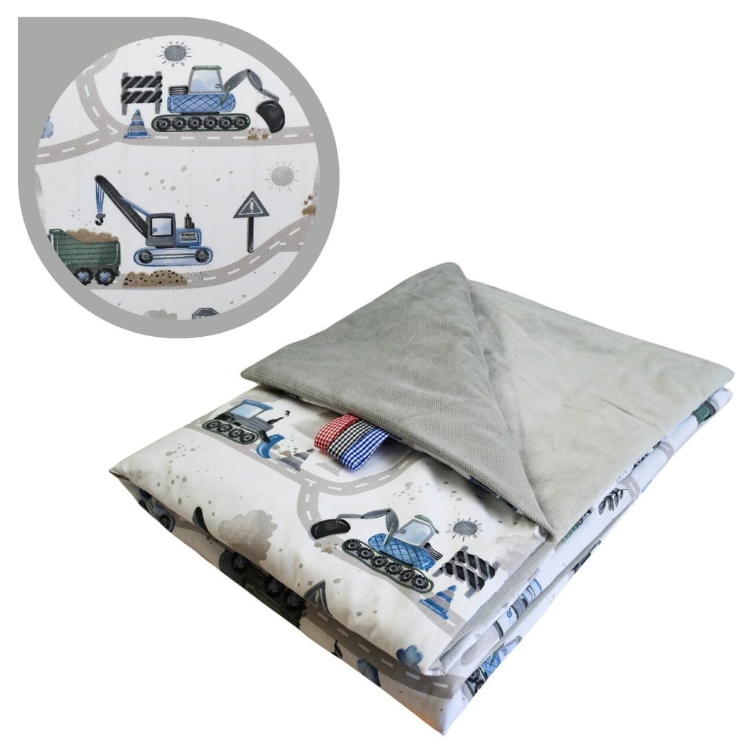 Kocyk Dziecięcy 75x100 Letni Koparki Niebieskie Nowe/Szary Bawełna/Velvet Polski Producent