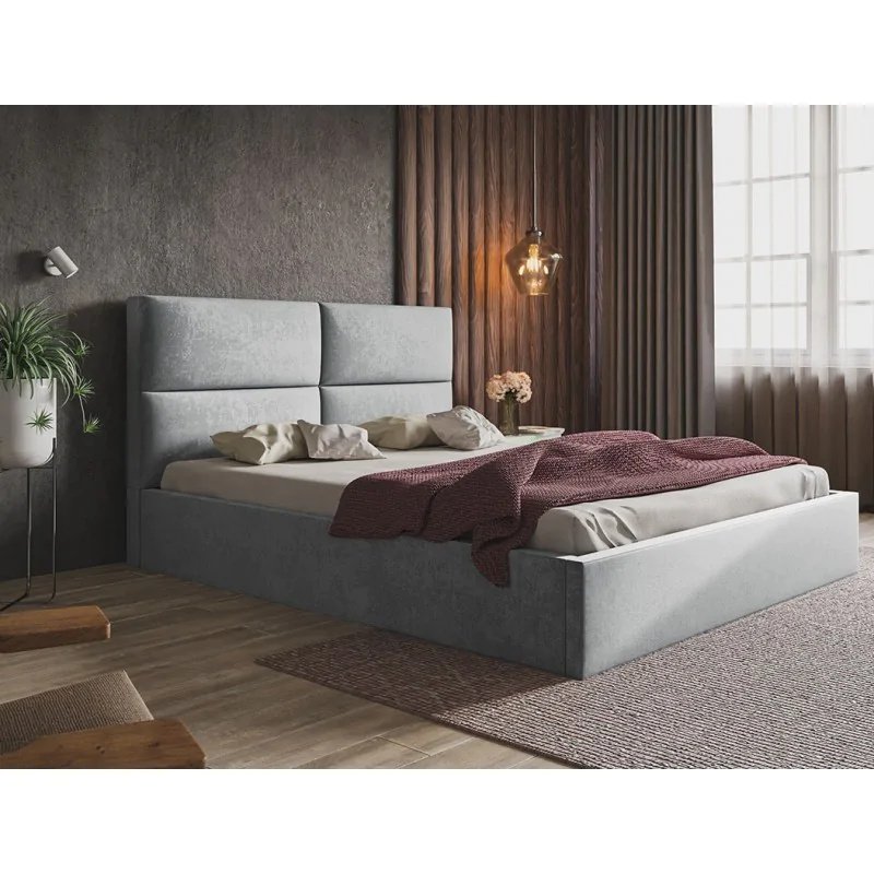 Łóżko tapicerowane SIM 6 z zagłówkiem, 120x200 cm, łóżko podwójne z podstawą łóżka i stelażem z listew wykonanych z drewna, tkanina welurowa, kolor: szary