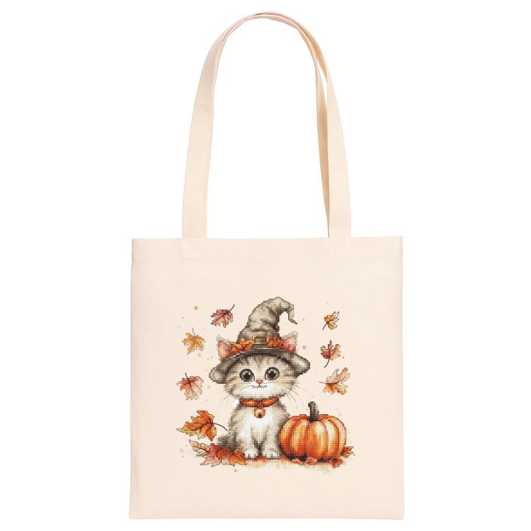 Bawełniana torba z nadrukiem haftu - Halloweenowy kotek