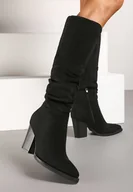 Kozaki damskie - Czarne Kozaki na Słupku z Imitacji Zamszu Zdobione Marszczeniem przy Cholewce Readaria - miniaturka - grafika 1