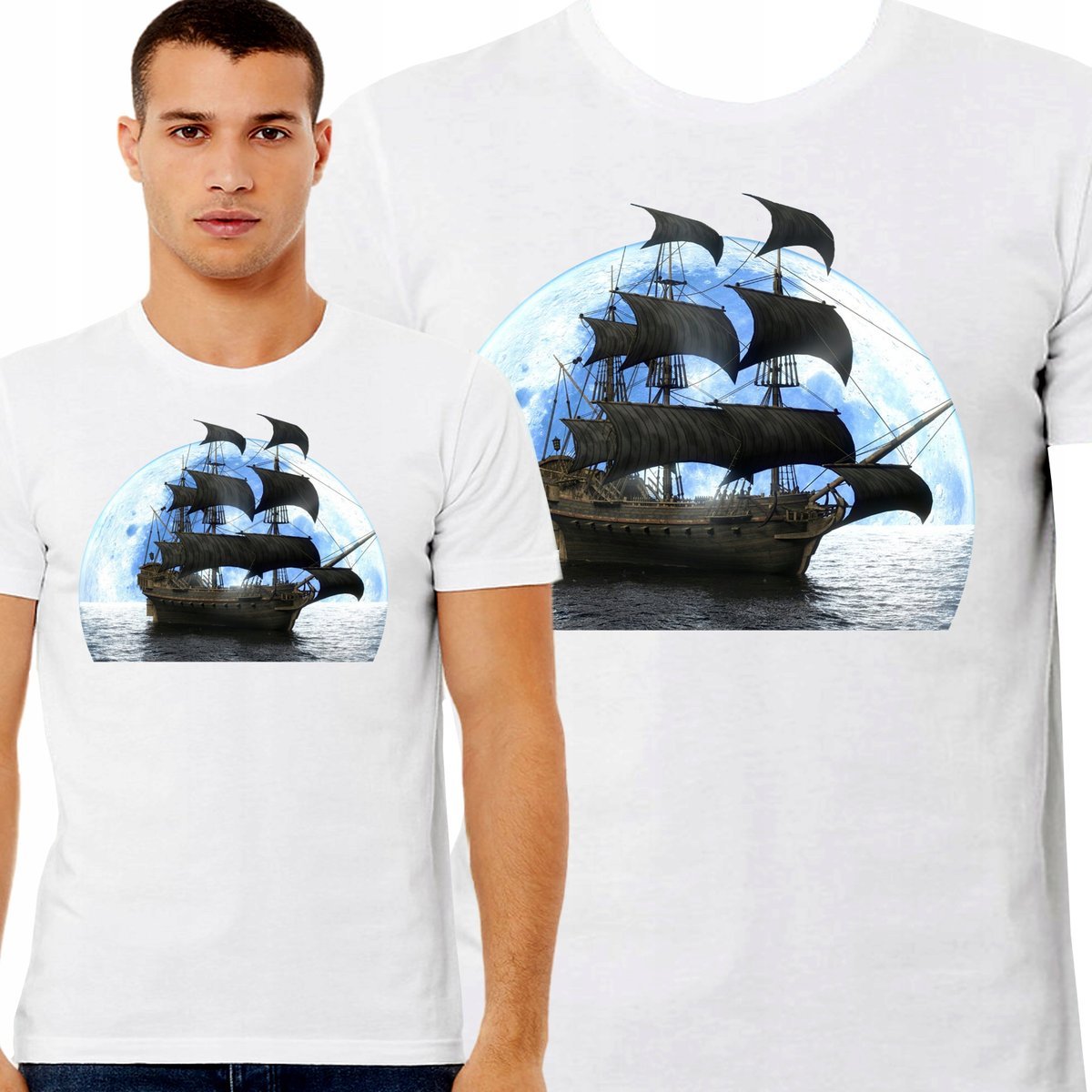 KOSZULKA MĘSKA DLA ŻEGLARZA Z NADRUKIEM STATEK JACHT ŻAGIEL STER L 3406