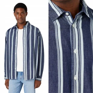 Wrangler NON POCKET SHIRT Navy LUŹNA BAWEŁNIANA GRANATOWA KOSZULA W PASY L - Koszule męskie - miniaturka - grafika 1