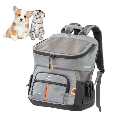 Ferplast Plecak dla psa VOYAGER BACKPACK, torba na zakupy dla kota, torba na psy, szeroki otwór, regulowane paski, pasek bezpieczeństwa, z poduszką, maks. 10 kg, 29 x 21 x 36 h, szary