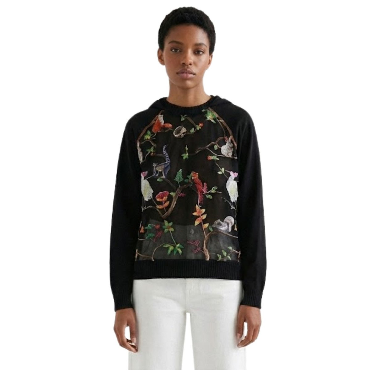 Bluza damska Desigual Fauna z kapturem i haftami czarna-S