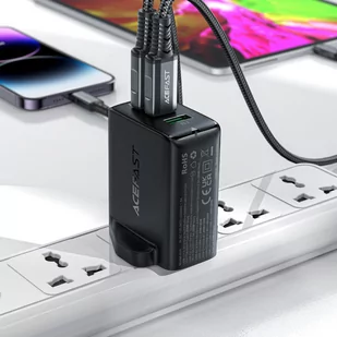 Acefast ładowarka GaN 65W 3 porty (1xUSB, 2xUSB C PD) wtyczka UK czarna (A44) - Ładowarki do telefonów - miniaturka - grafika 4