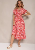 Sukienki - Czerwona Sukienka z Bawełną i Kopertowym Dekoltem w Kwiaty Ldivisa - miniaturka - grafika 1
