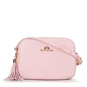 Torebki damskie - Damska listonoszka skórzana pudełkowa z chwostem pudrowy róż - miniaturka - grafika 1